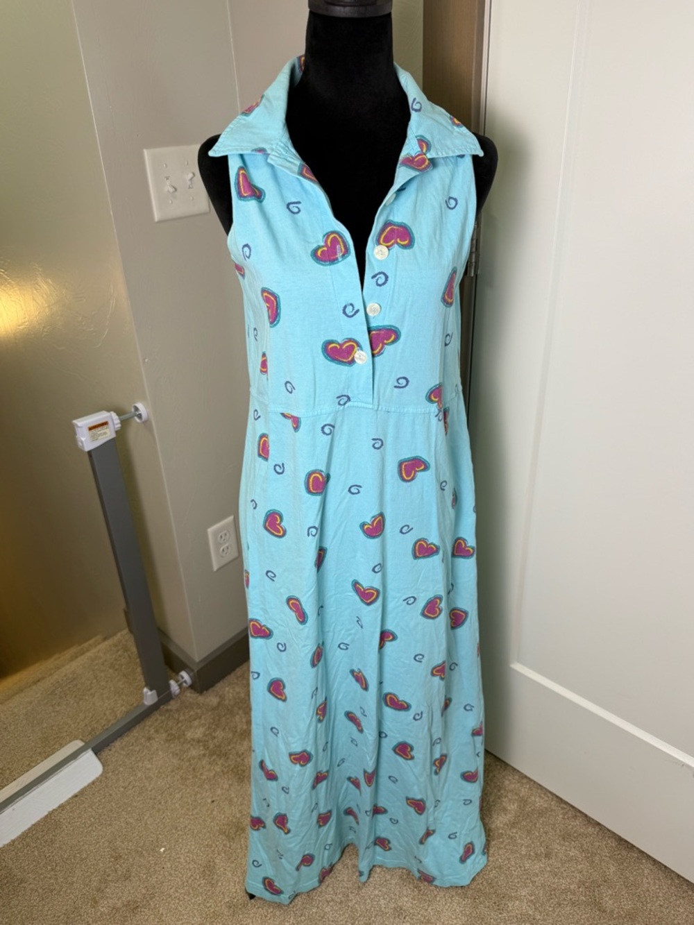 Vintage‎ Zip Code Made in Mexico Maxi Dress Heart Print Collared Sleeveless Blue